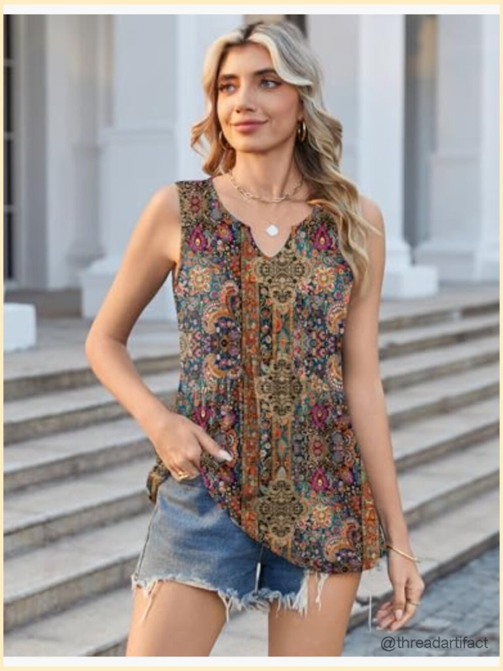 Sleeveless Tank Top Flowy Peplum V Neck Boho Beach Summer Blouse - Picture 4 of 7